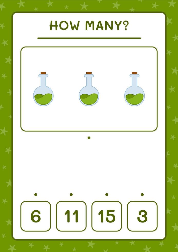 quantas garrafa de poção, jogo para crianças. ilustração vetorial, planilha para impressão vetor