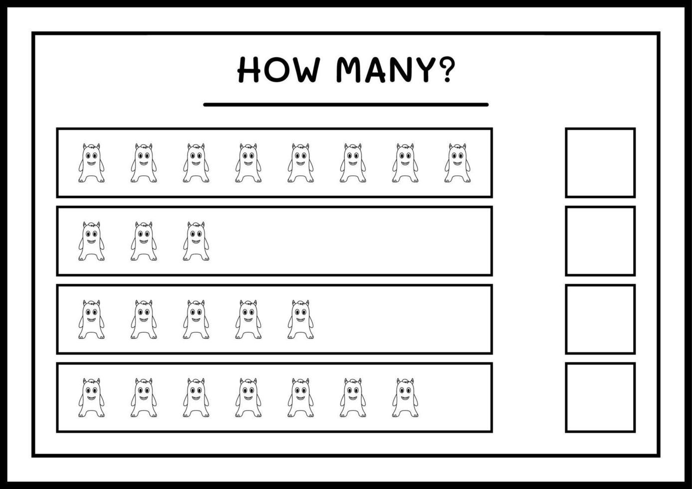 quantos monstro, jogo para crianças. ilustração vetorial, planilha para impressão vetor