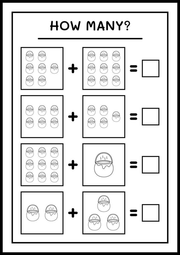 quantos caldeirão, jogo para crianças. ilustração vetorial, planilha para impressão vetor