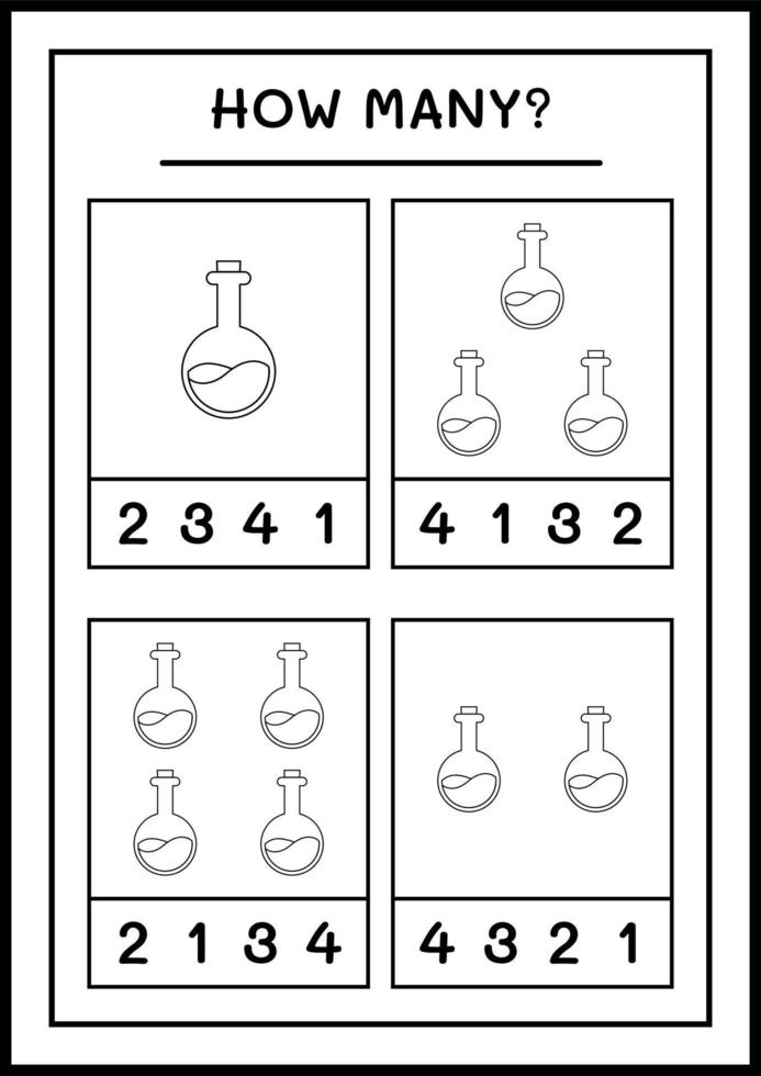 quantas garrafa de poção, jogo para crianças. ilustração vetorial, planilha para impressão vetor