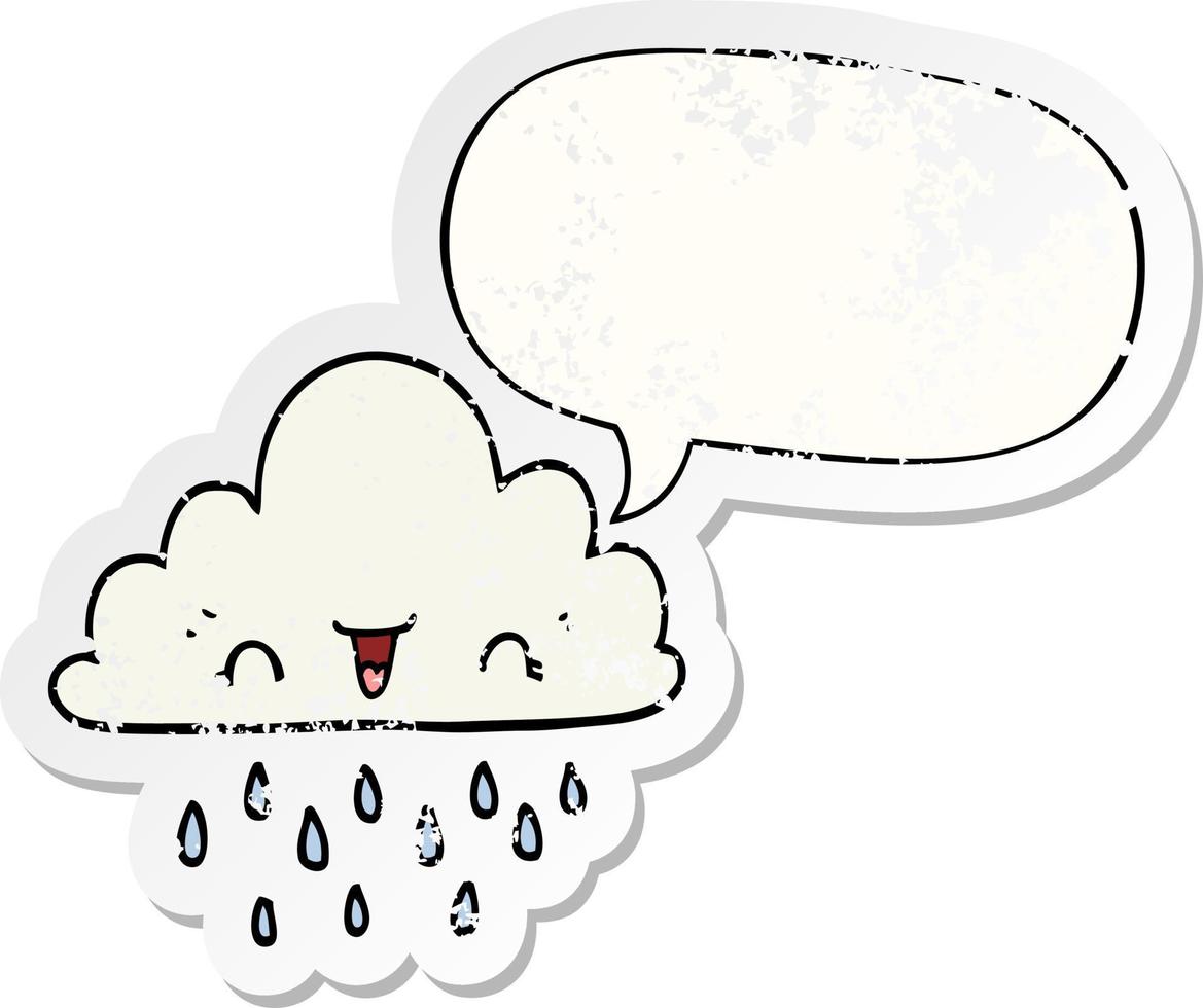 adesivo angustiado de nuvem de tempestade de desenho animado e bolha de fala vetor