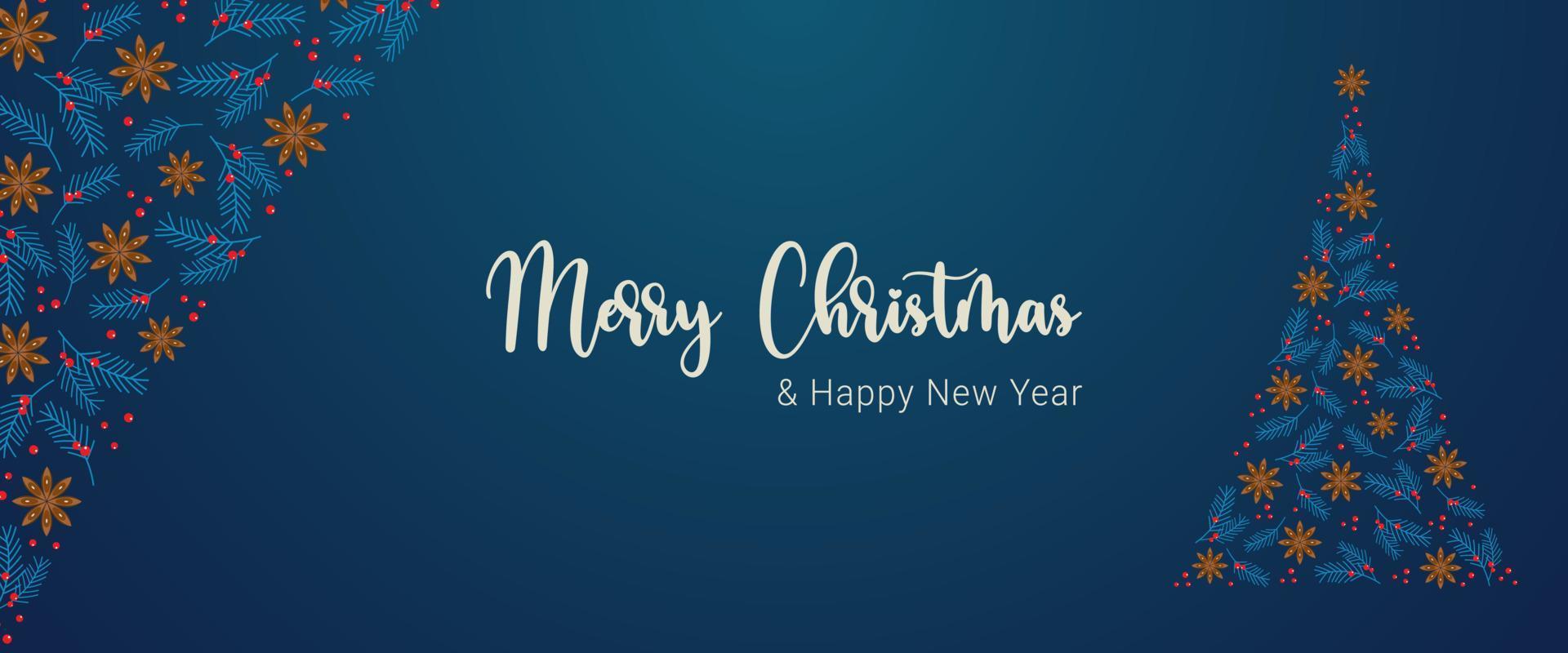 banner feliz natal feliz ano novo horizontal fundo escuro árvore azul, anis estrelado, baga vermelha. vetor