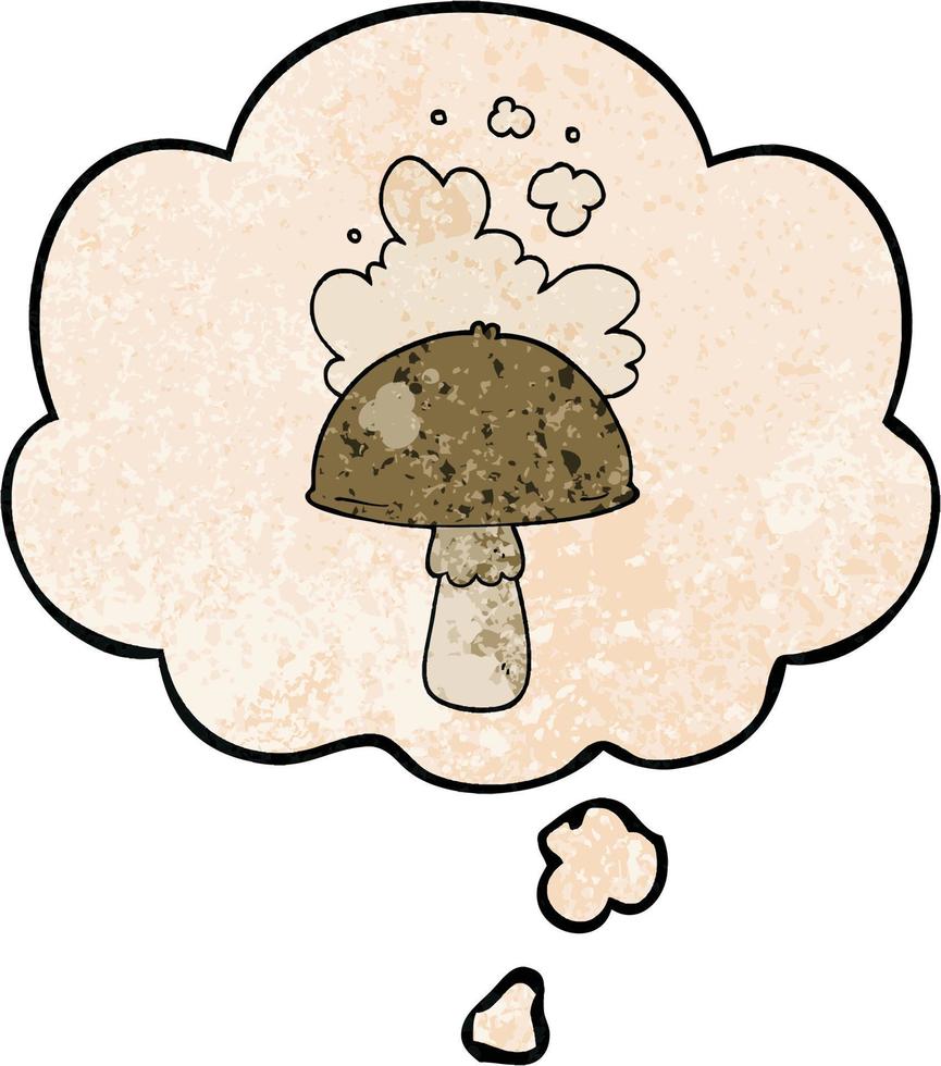 cogumelo de desenho animado com nuvem de esporos e balão de pensamento no estilo de padrão de textura grunge vetor