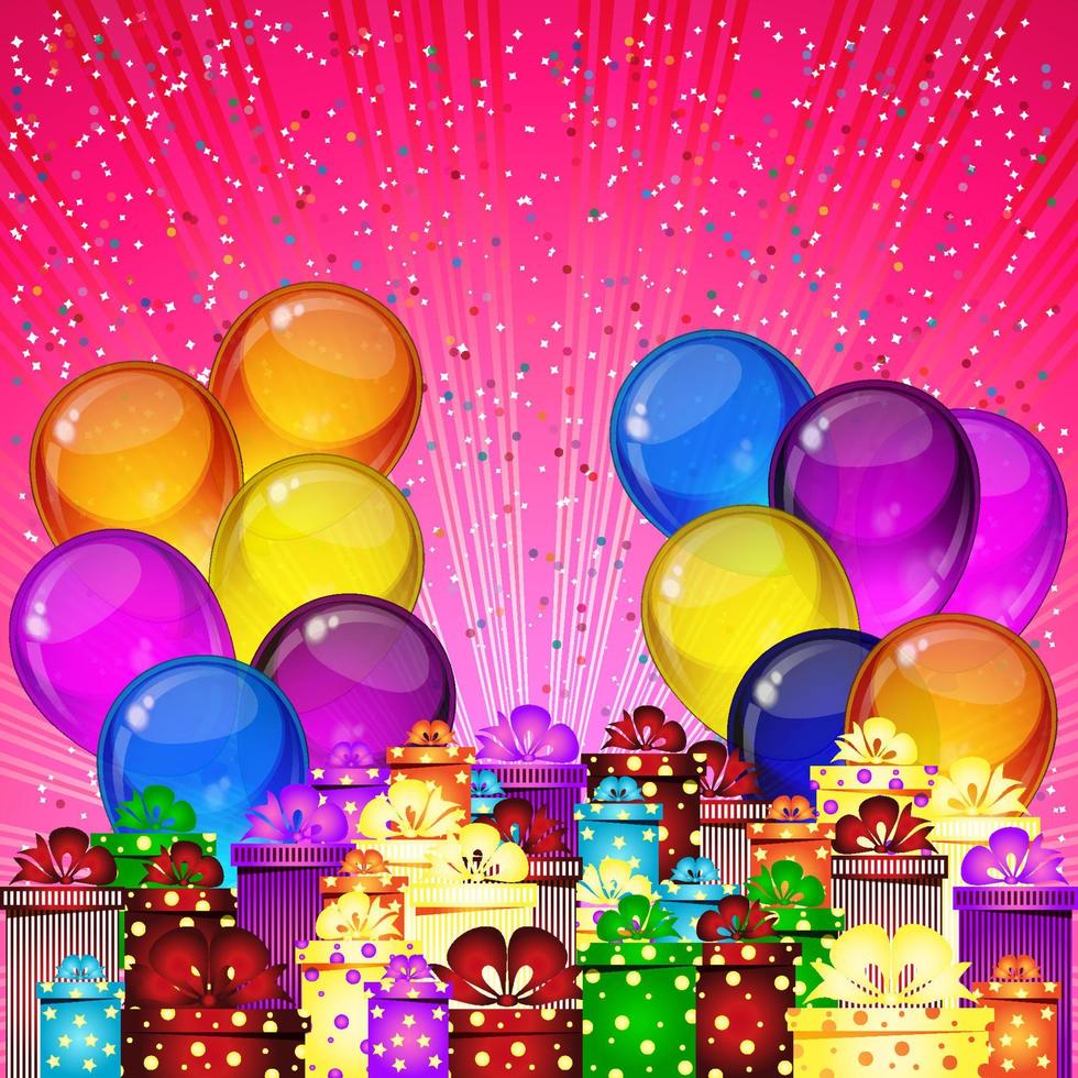 fundo de vetor de festa de aniversário - balões festivos coloridos, confetes, fitas voando para cartão de celebrações em fundo rosa com espaço para você texto.