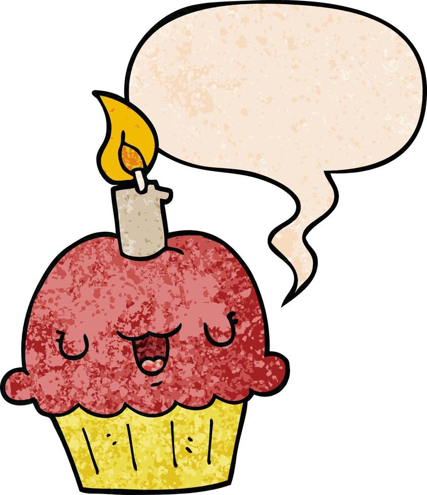 cupcake de desenho animado e bolha de fala no estilo de textura retrô vetor