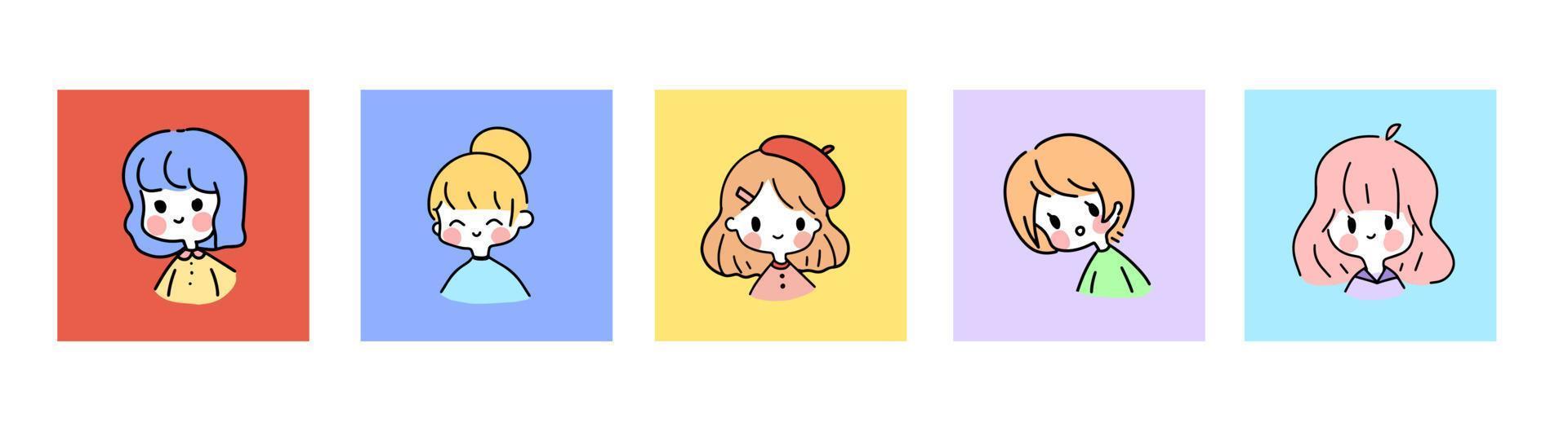 conjunto de obras de arte de garotas fofas desenhadas à mão, retratos kawaii de estilo doodle simples vetor