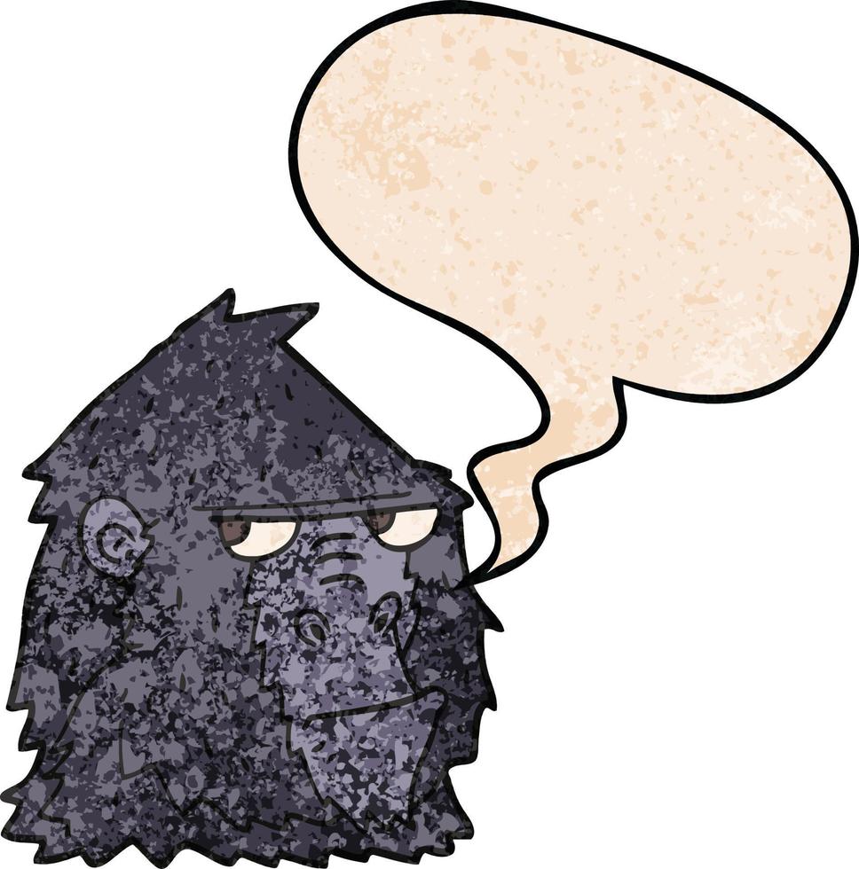 cara de gorila com raiva dos desenhos animados e bolha de fala no estilo de textura retrô vetor