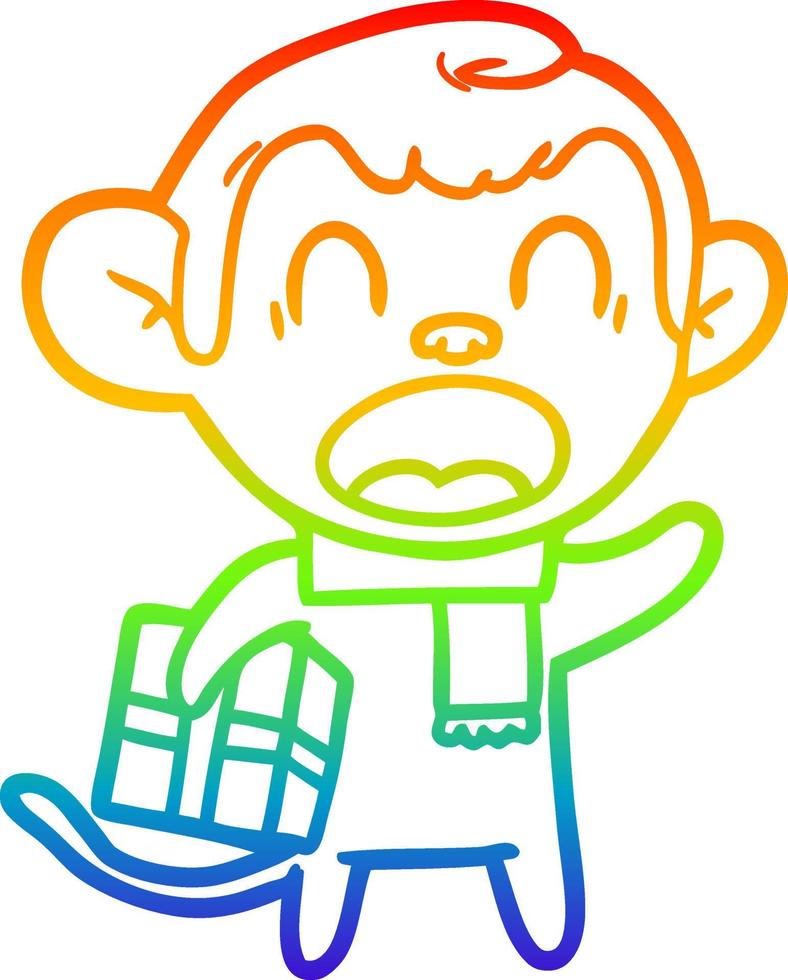 desenho de linha de gradiente de arco-íris gritando macaco de desenho animado carregando presente de natal vetor