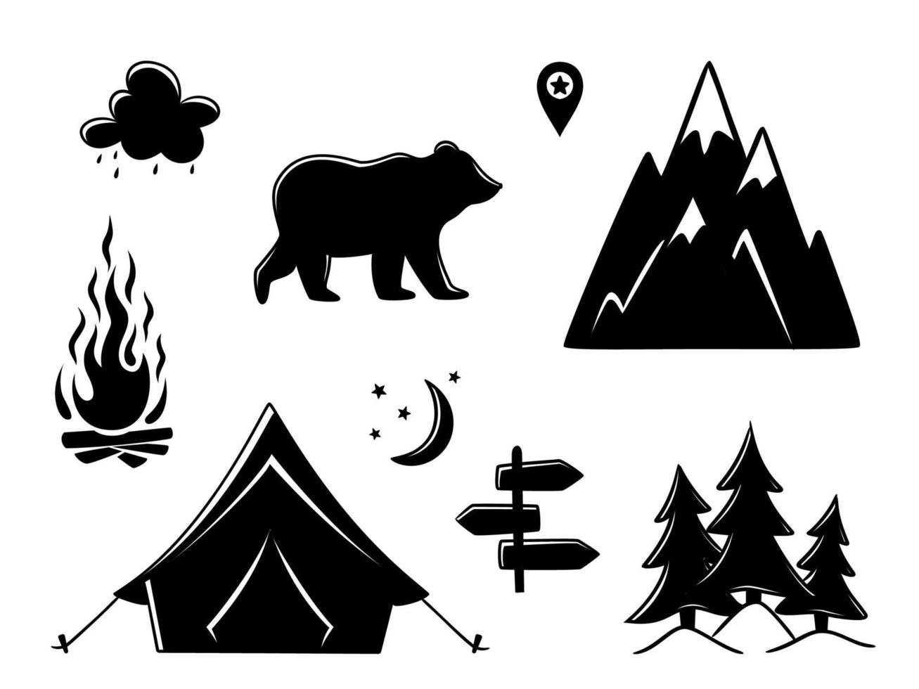 acampar e caminhar elementos de silhueta preta. emblemas de aventura ao ar livre vetor