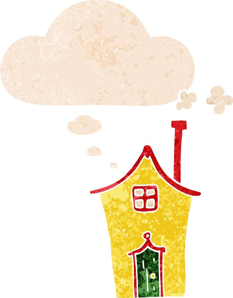 casa dos desenhos animados e balão de pensamento em estilo retrô texturizado vetor