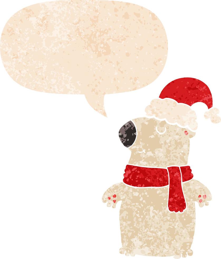 urso de natal bonito dos desenhos animados e bolha de fala em estilo retrô texturizado vetor