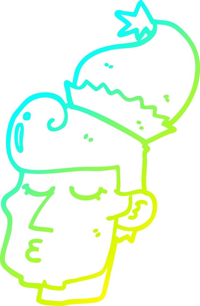 homem de desenho animado de desenho de linha de gradiente frio usando chapéu de natal vetor