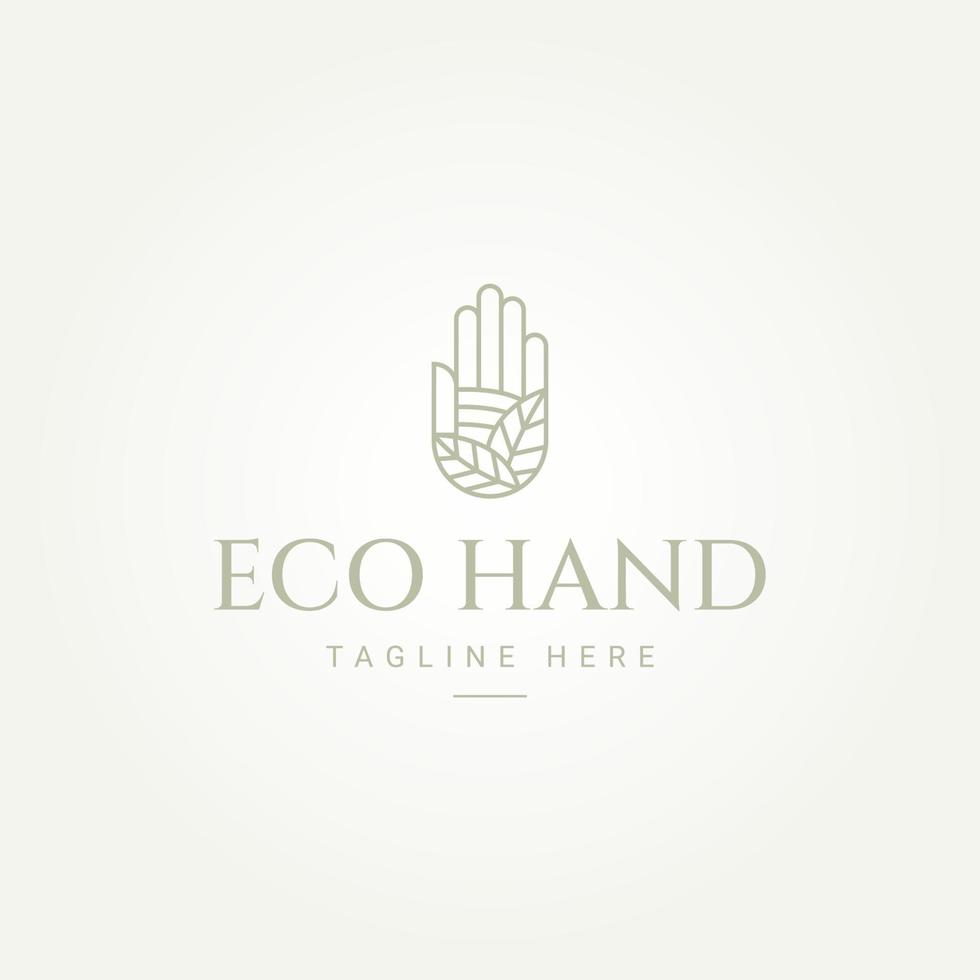 mão minimalista e folha ecologia linha arte logotipo modelo ilustração vetorial. ecologia simples e meio ambiente, conceito de logotipo de agricultura vetor