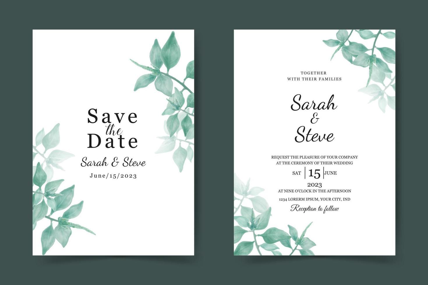 modelo de cartão de convite de casamento. fundo de belas folhas em aquarela vetor