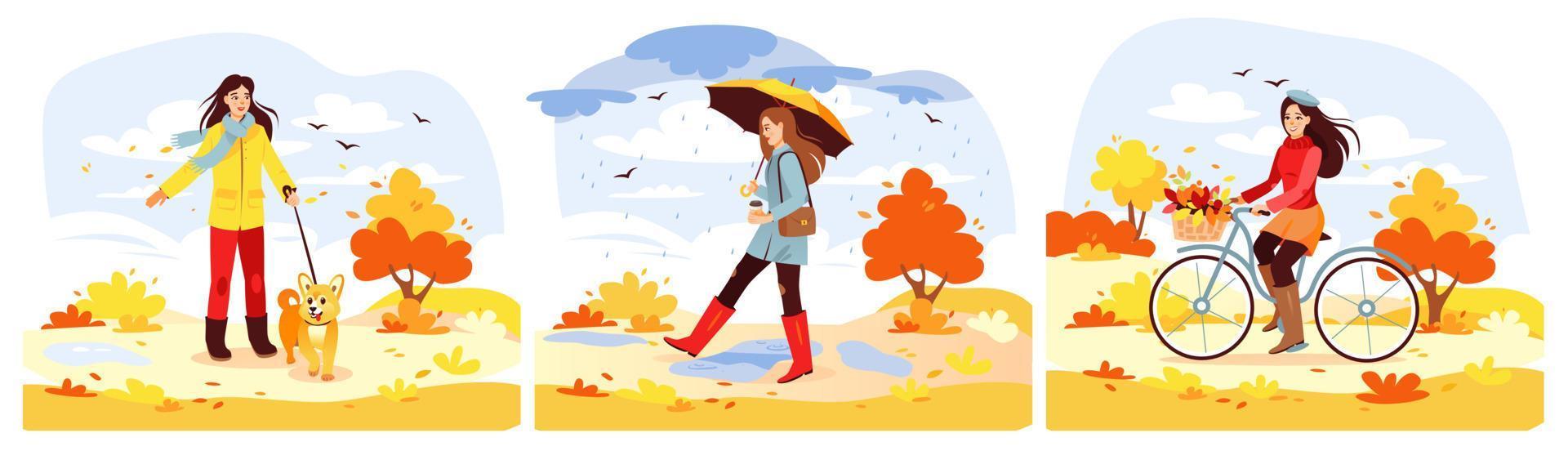 parque de outono. um conjunto de meninas andando no parque no outono. a garota bebe café, passeia com o cachorro, anda de bicicleta. ilustração vetorial de desenho animado vetor
