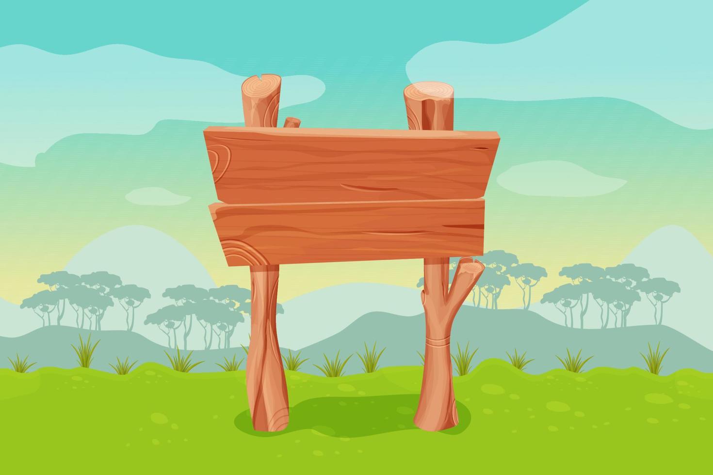 paisagem de fundo do jogo com tabuleta de madeira em estilo cartoon. cena mágica, montanhas e floresta de silhueta. vetor