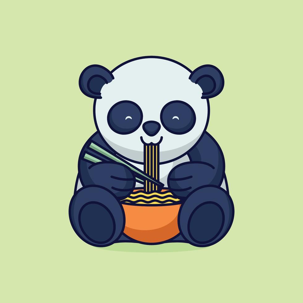 panda fofo comendo ilustração de ícone de vetor de desenho de macarrão