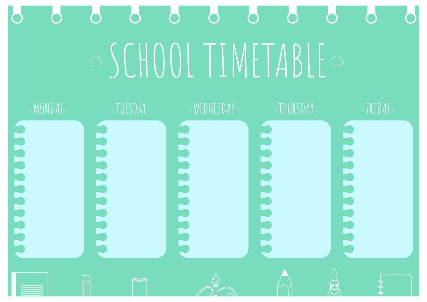 modelo de calendário escolar para crianças. de volta à escola. planejador semanal com material escolar em estilo de arte de linha. vetor