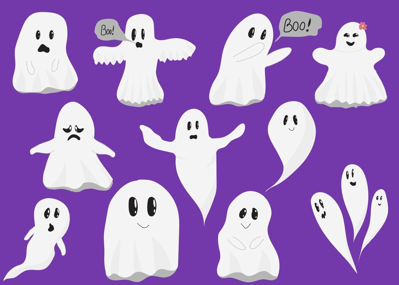 conjunto de fantasmas fofos. fantasmas assustadores de halloween, fantasma sorridente e personagem fantasma assustador com cara de vaia vetor