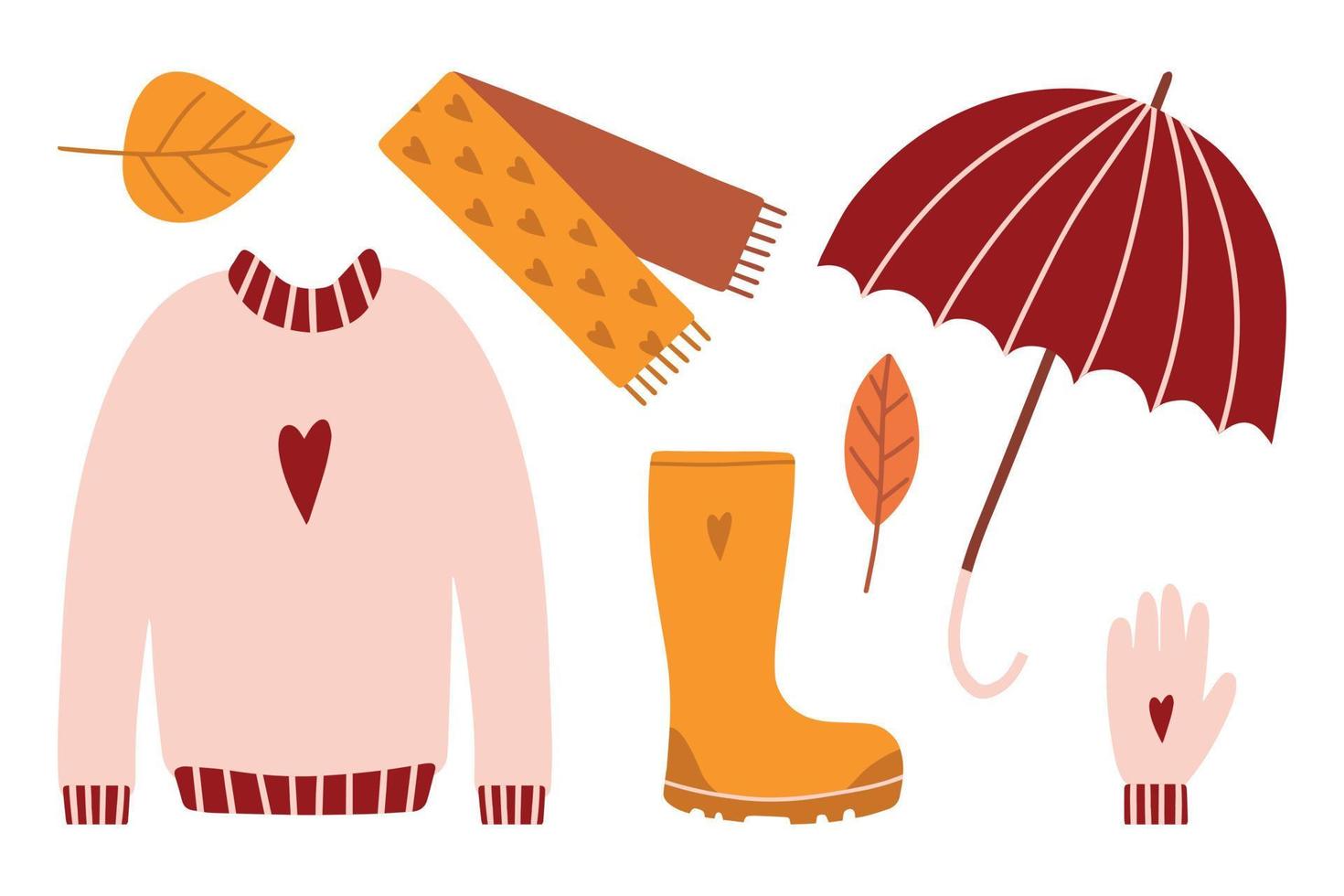 ilustração desenhada à mão de lenço de moda, suéter, arvoredo, bota e guarda-chuva. elemento isolado no fundo branco. roupas de outono. vetor