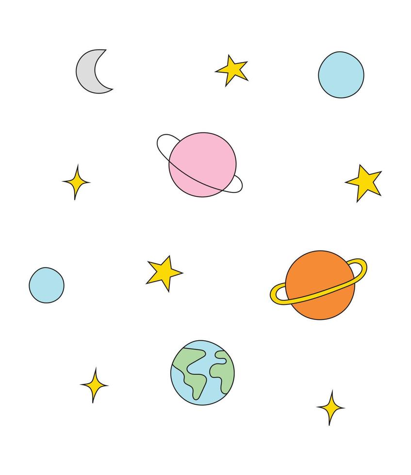 ilustração vetorial de planetas e estrelas fofos. vetor desenhado à mão do sistema solar