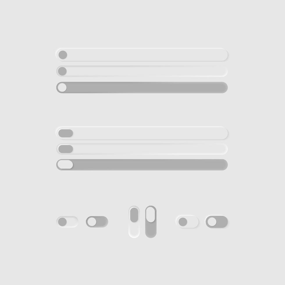 botões web brancos com elementos de design cinza. empurrar, alternar botões e controles deslizantes. elementos de interface de usuário realistas minimalismo ui ux. para sites, menu móvel, navegação e aplicativos vetor