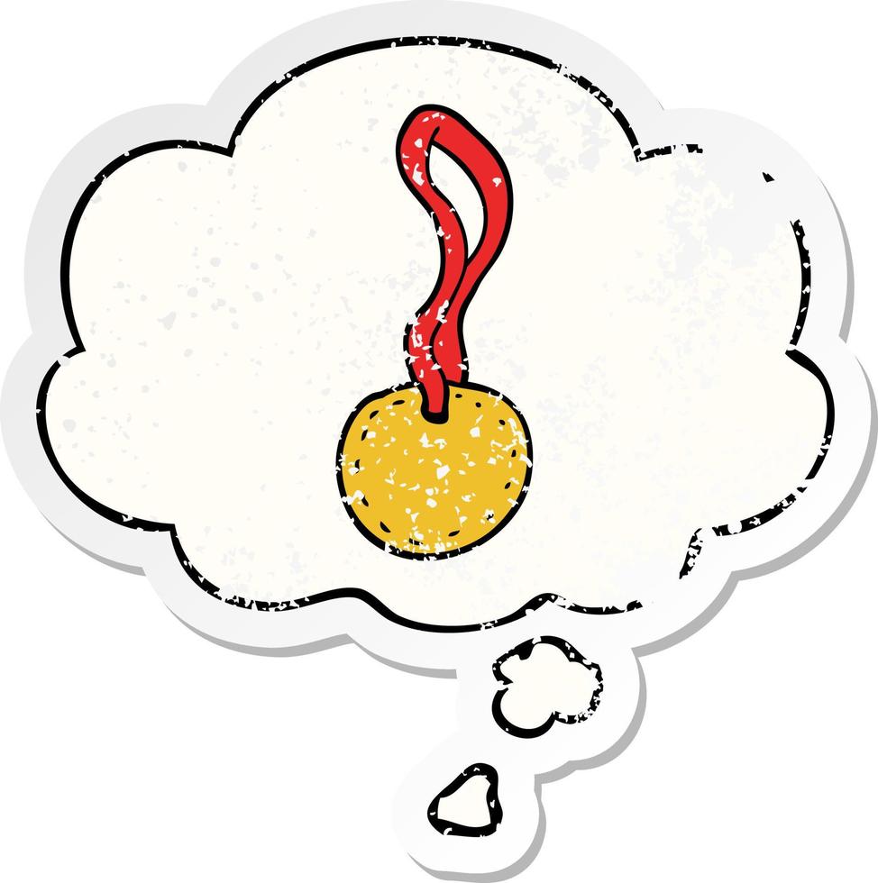 medalha de esportes de desenho animado e balão de pensamento como um adesivo desgastado vetor