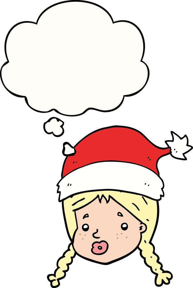 garota dos desenhos animados usando chapéu de natal e balão de pensamento vetor