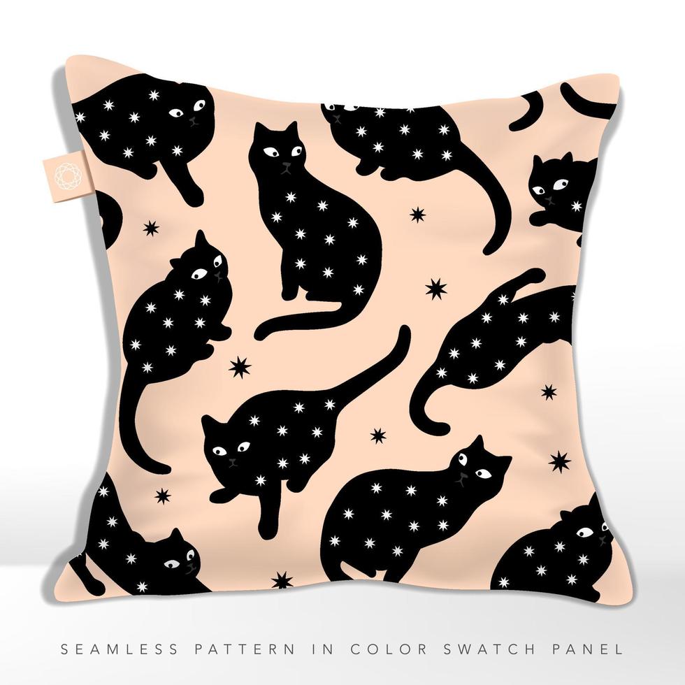 vetor misterioso padrão de tecido sem costura silhueta de gato preto na almofada, com decoração de estrelas, coral preto.