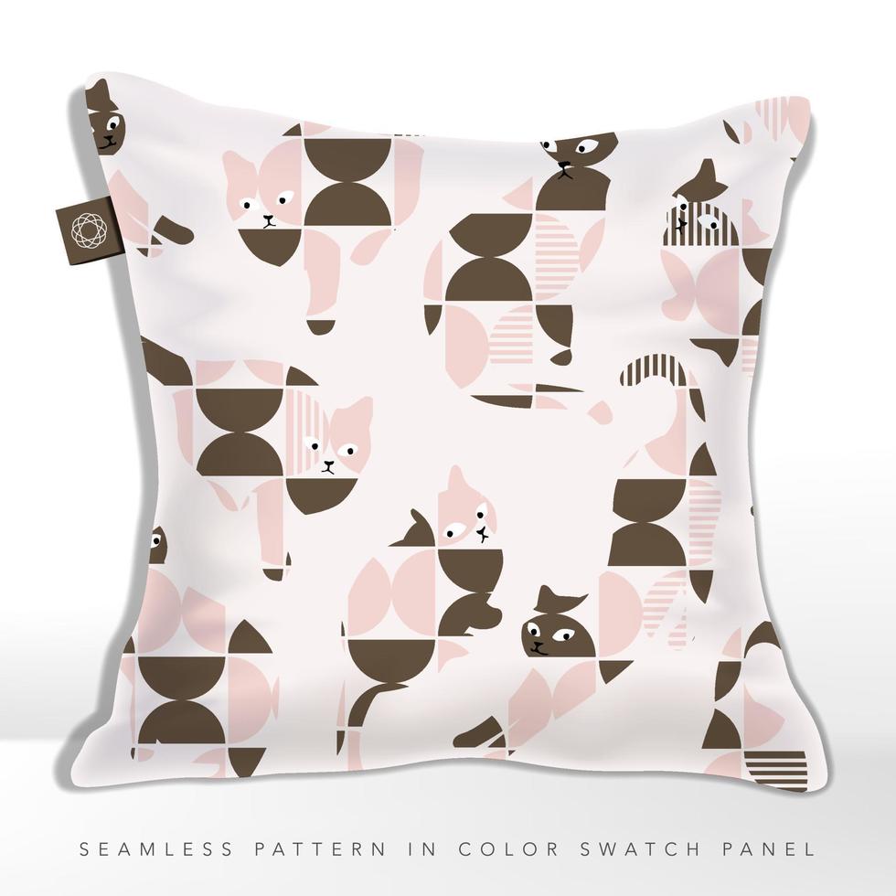 padrão de tecido sem costura retrô abstrato geométrico gato silhueta na almofada, rosa marrom. vetor