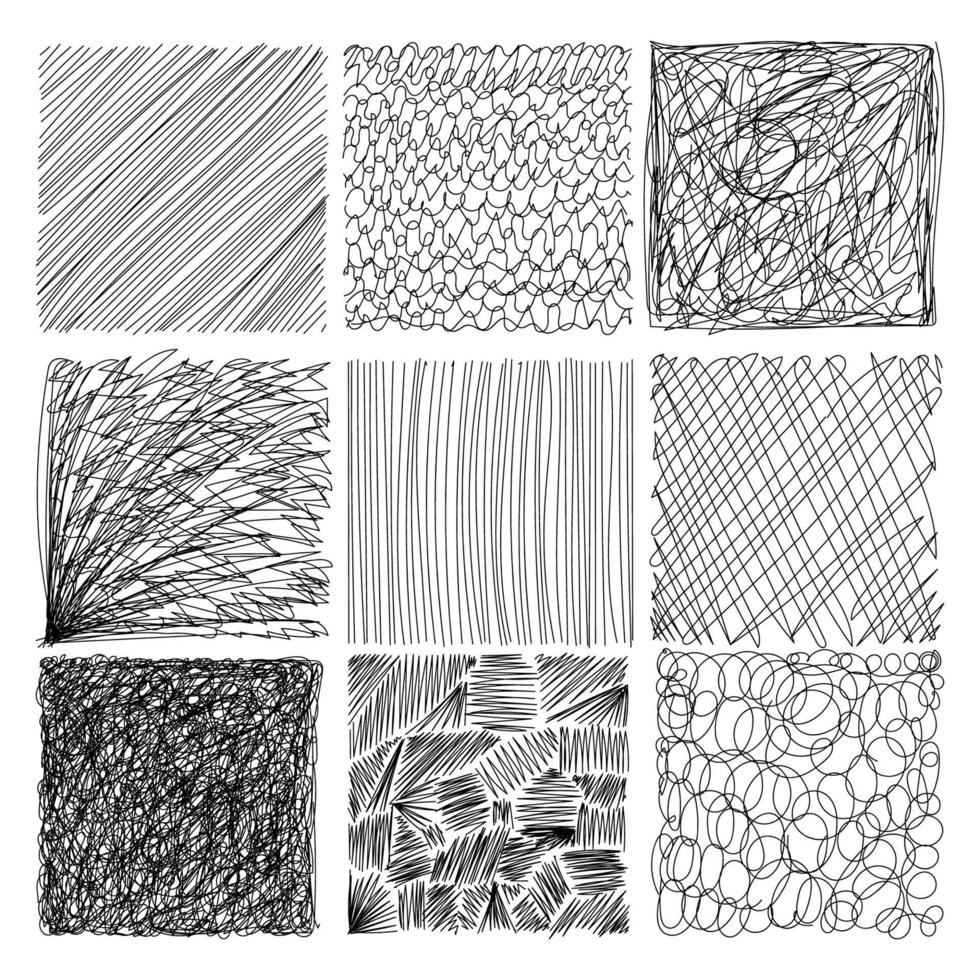 um conjunto de fundos abstratos quadrados ou padrões. rabiscos desenhados à mão. borrões, ziguezagues, curvas suaves, linhas. ilustrações vetoriais peculiares modernas. cartazes, modelos de crachá para redes sociais vetor