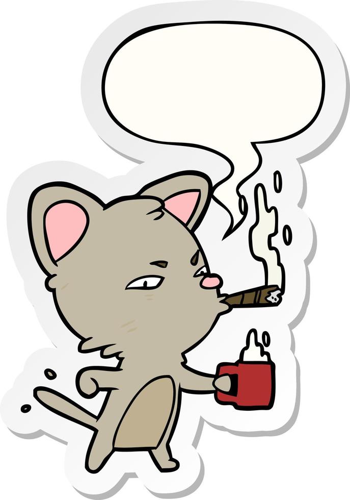 desenho animado gato de negócios sério e café e charuto e adesivo de bolha de fala vetor