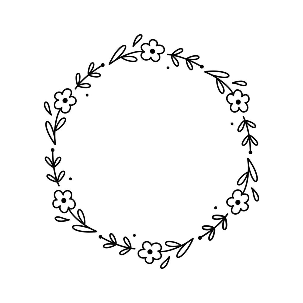 guirlanda floral primavera isolada no fundo branco. moldura redonda com flores. ilustração vetorial desenhada à mão em estilo doodle. perfeito para cartões, convites, decorações, logotipo, vários designs. vetor