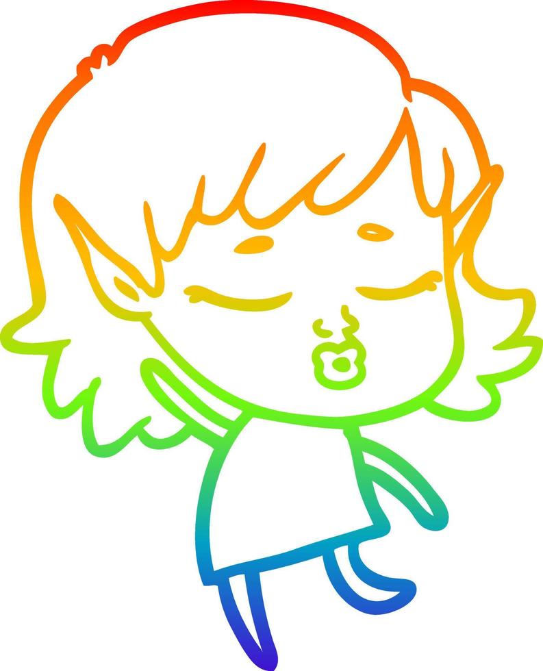linha de gradiente de arco-íris desenhando uma linda garota elfa de desenho animado dançando vetor
