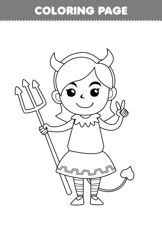 jogo de educação para crianças, página para colorir de desenho bonito, fantasia de menina de diabo, arte de linha, planilha para impressão de halloween vetor