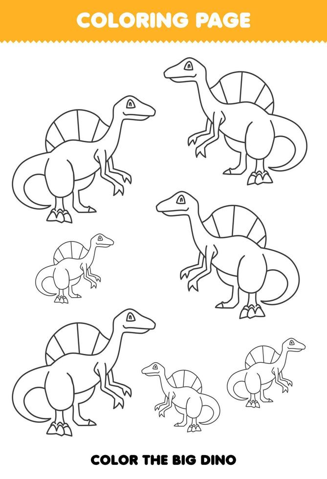 jogo de educação para crianças página para colorir imagem grande ou pequena  de desenho animado bonito dinossauro pré-histórico spinosaurus linha de  arte planilha imprimível 10062892 Vetor no Vecteezy