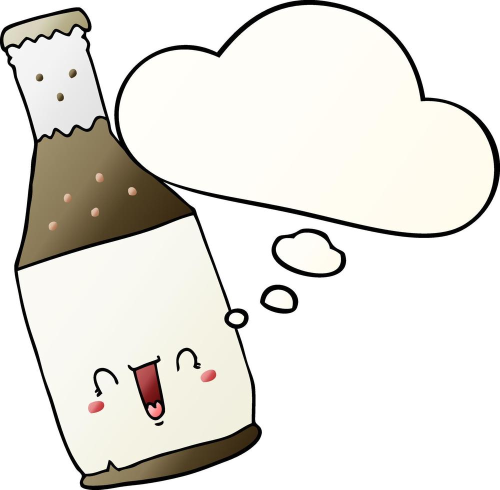 garrafa de cerveja de desenho animado e balão de pensamento em estilo gradiente suave vetor