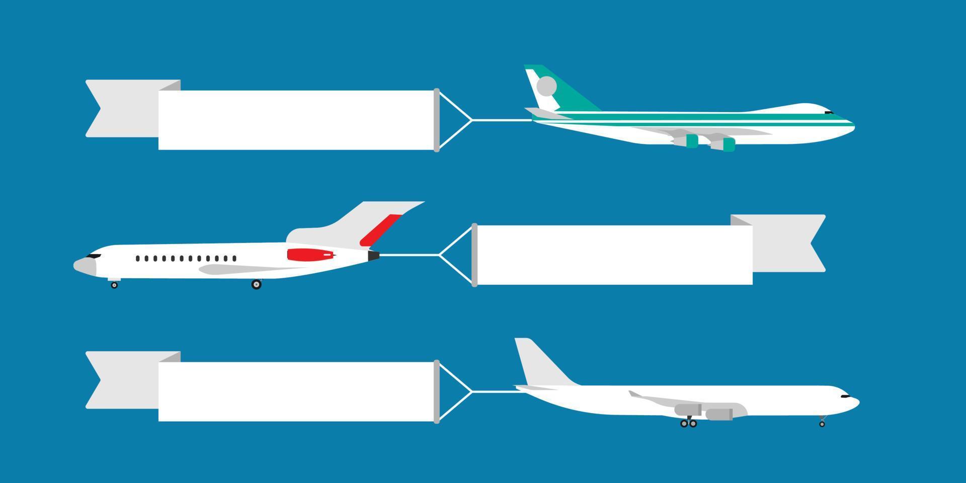 avião voando com ilustração vetorial de banner de fita. viagens de modelo de cartão de propaganda. vista lateral da companhia aérea de férias de aventura dos desenhos animados vetor