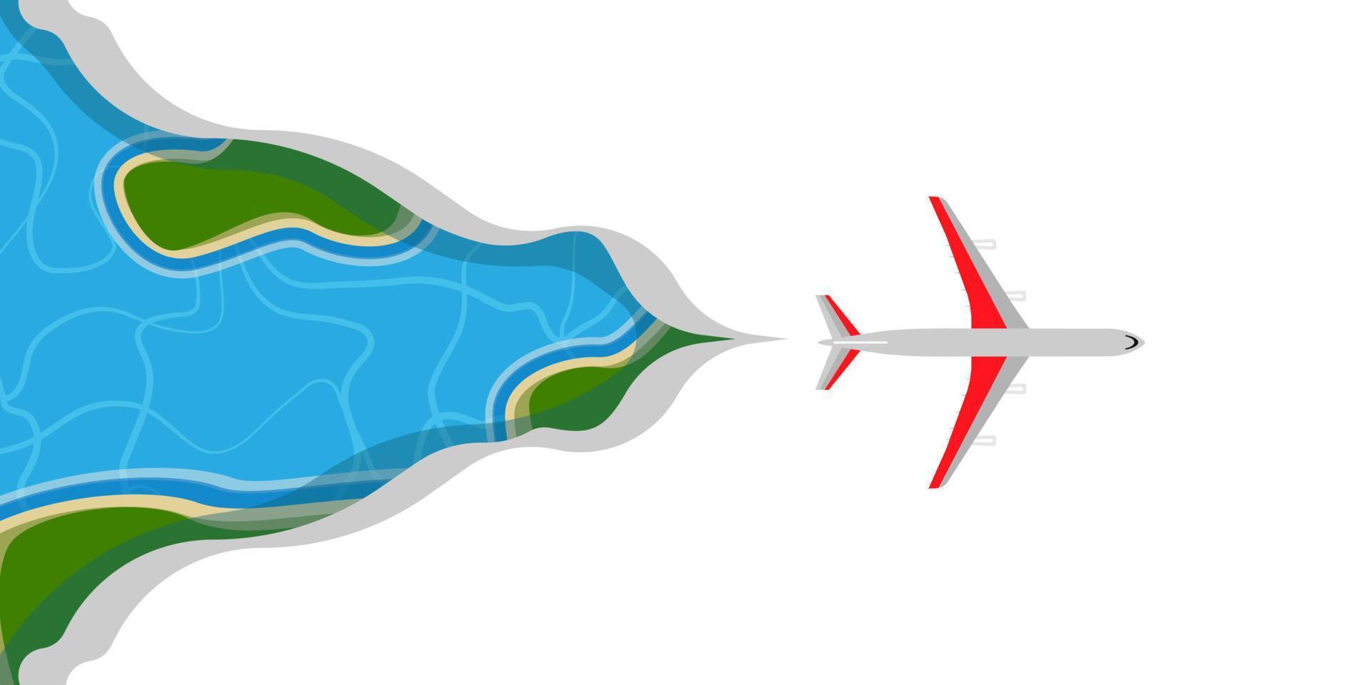 avião voar em viagens de fundo de ilustração vetorial céu nuvem. bandeira viagens de negócios avião vermelho jato. veículo de desenho animado de passageiros em movimento vetor