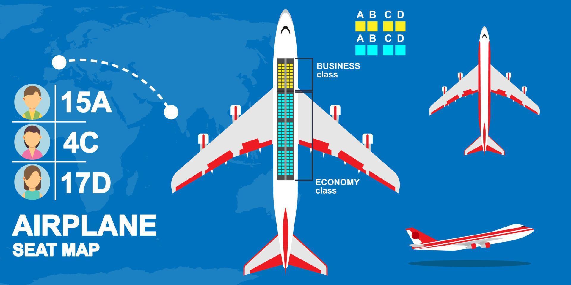 vetor de ilustração de classe avião mapa assento. cadeira de fretamento de passageiros de viagem de turismo de companhia aérea. informações passeio de avião de trânsito internacional