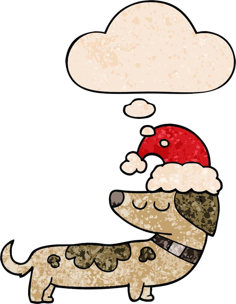 cão de desenho animado usando chapéu de natal e balão de pensamento no estilo de padrão de textura grunge vetor