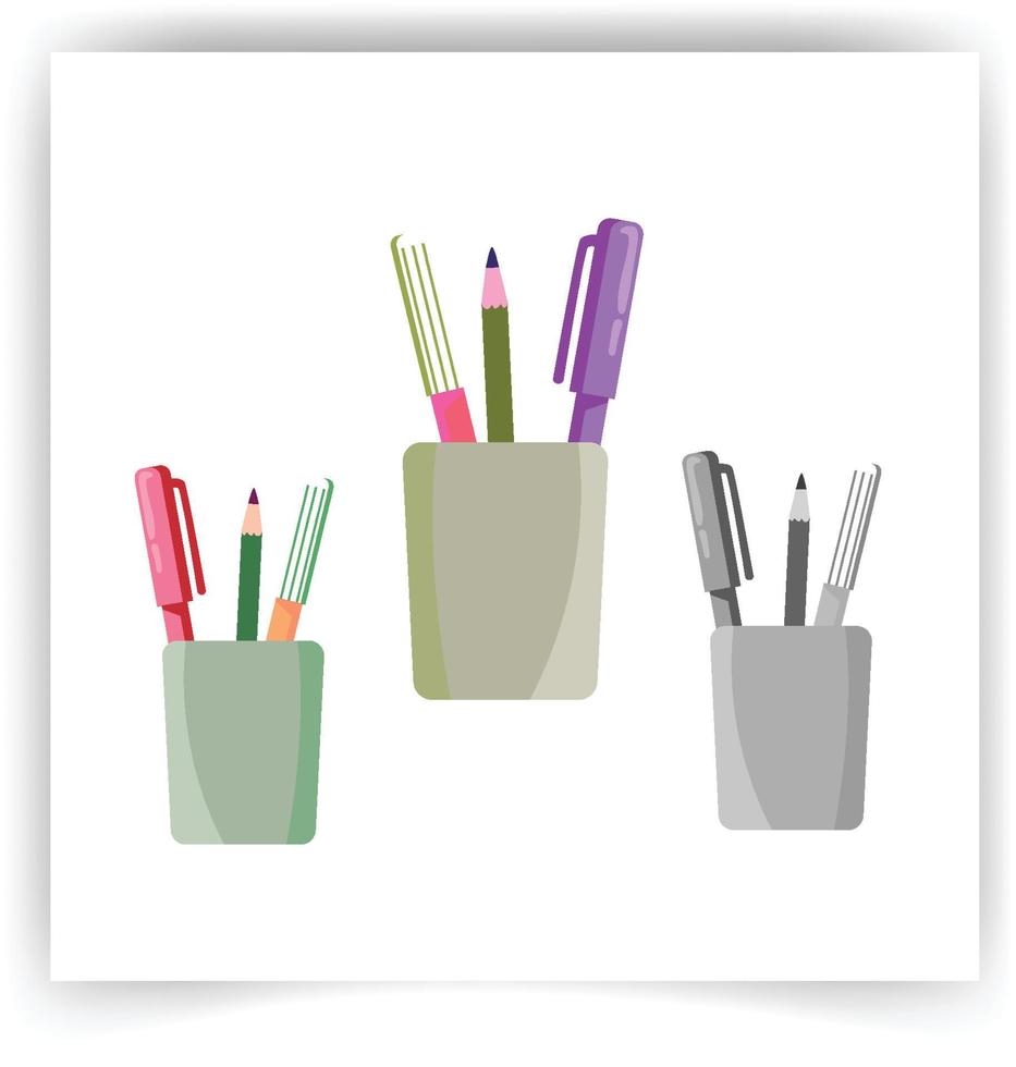 copo com régua de papelaria, caneta, lápis, tesoura isolada em branco. de volta à escola. ilustração vetorial vetor