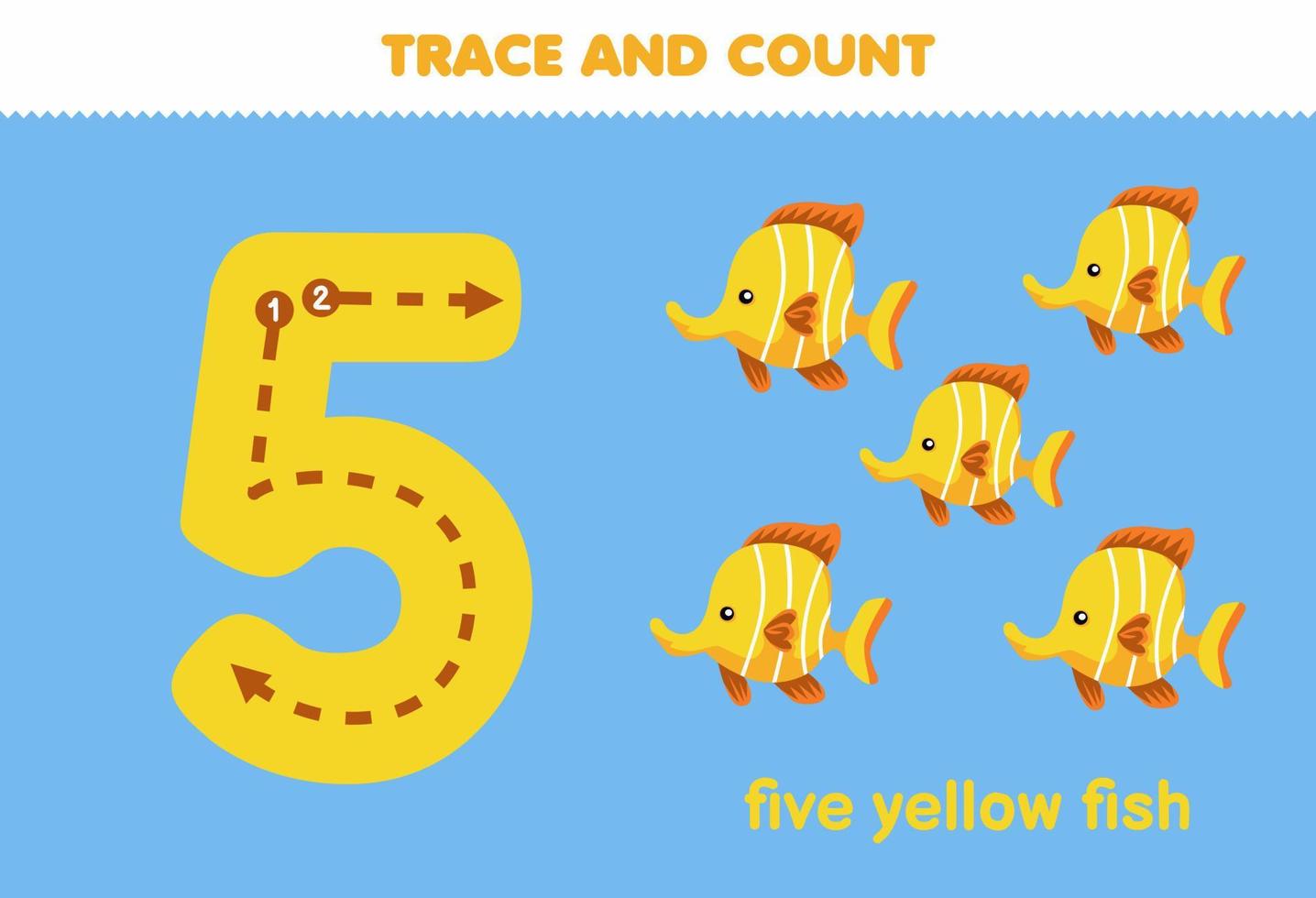 jogo de educação para crianças, rastreando o número cinco e contando a planilha imprimível de peixe amarelo de animal de desenho animado fofo vetor