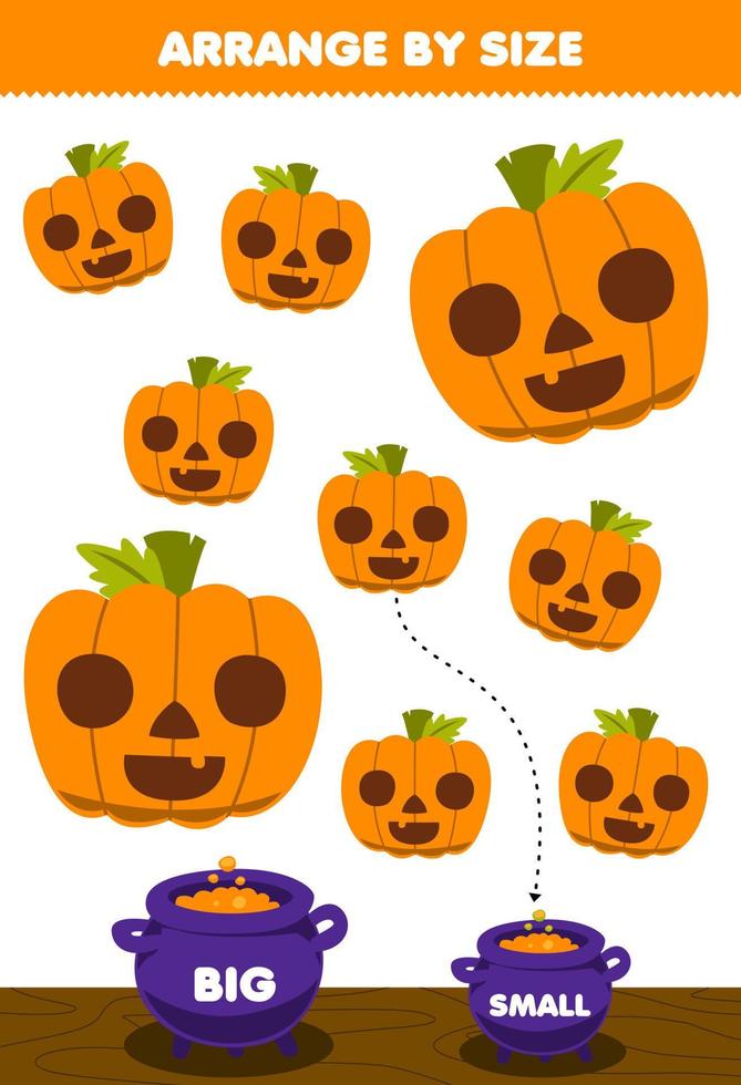 jogo de educação para crianças organizar por tamanho grande ou pequeno colocá-lo no caldeirão de abóbora laranja de desenho animado bonito com rosto folha de cálculo para impressão de halloween vetor
