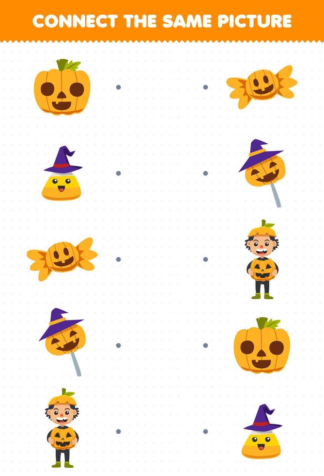 jogo de educação para crianças conecte a mesma imagem de desenho animado fofo menino abóbora milho doce folha de trabalho para impressão de halloween vetor