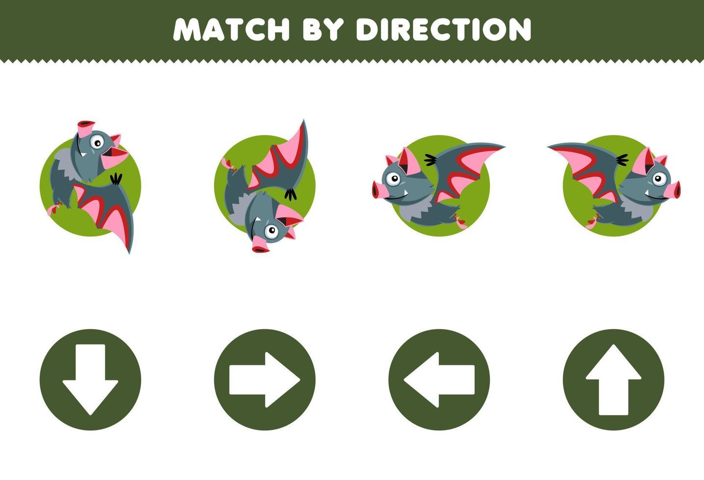 jogo de educação para crianças corresponder por direção esquerda direita para cima ou para baixo orientação da planilha para impressão de halloween de morcego bonito dos desenhos animados vetor