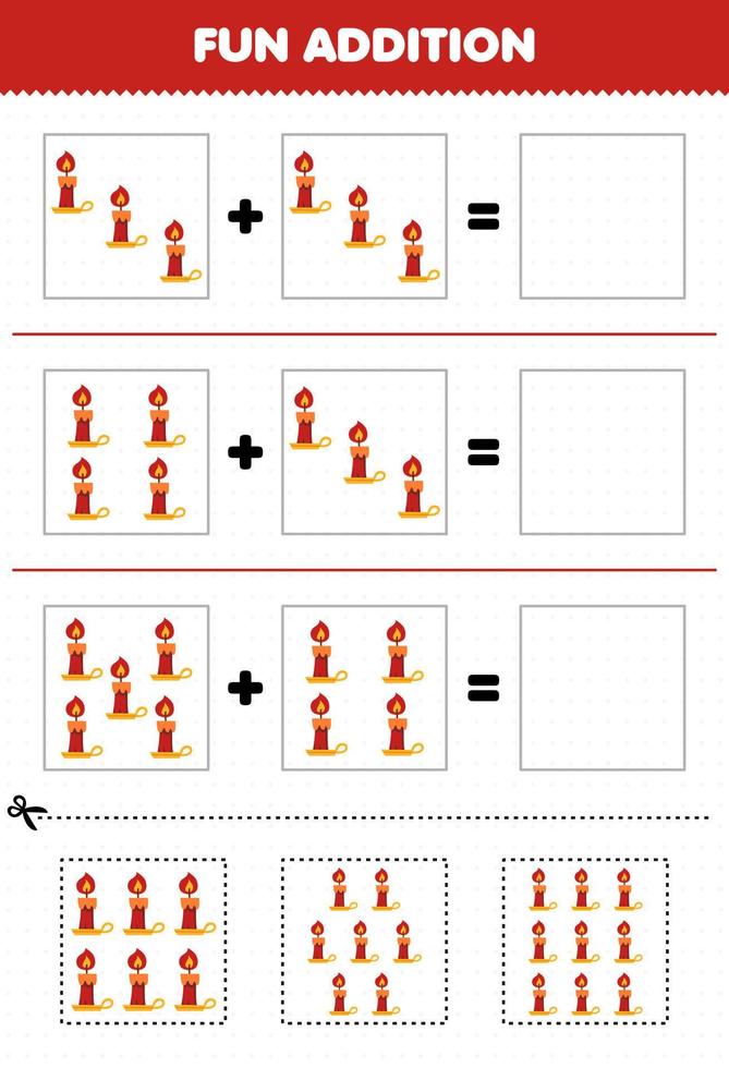 jogo de educação para crianças adição divertida por corte e combinação de fotos de velas vermelhas de desenhos animados bonitos para planilha imprimível de halloween vetor