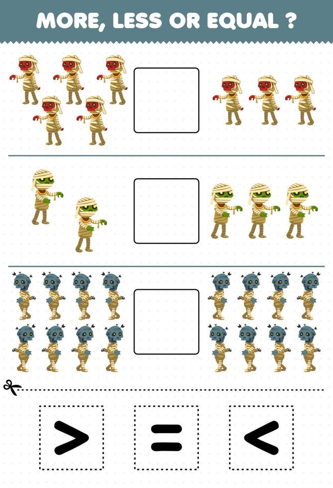 jogo de educação para crianças mais menos ou igual conte a quantidade de fantasia de múmia de desenho animado e depois corte e cole o sinal correto planilha de halloween vetor