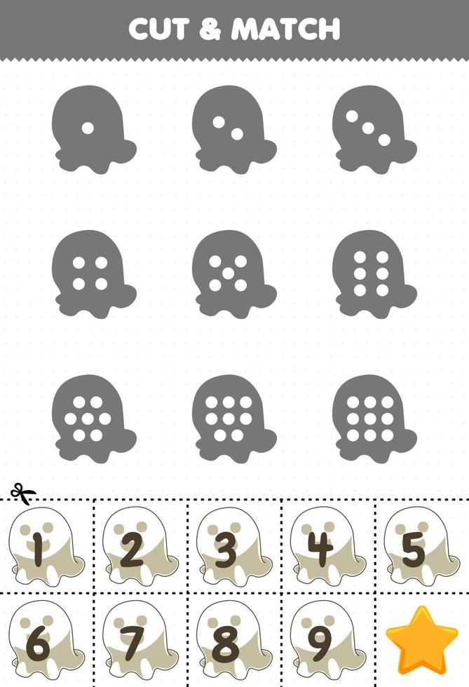 jogo educativo para crianças conte os pontos em cada silhueta e combine-os com a planilha imprimível de fantasma branco numerada correta vetor