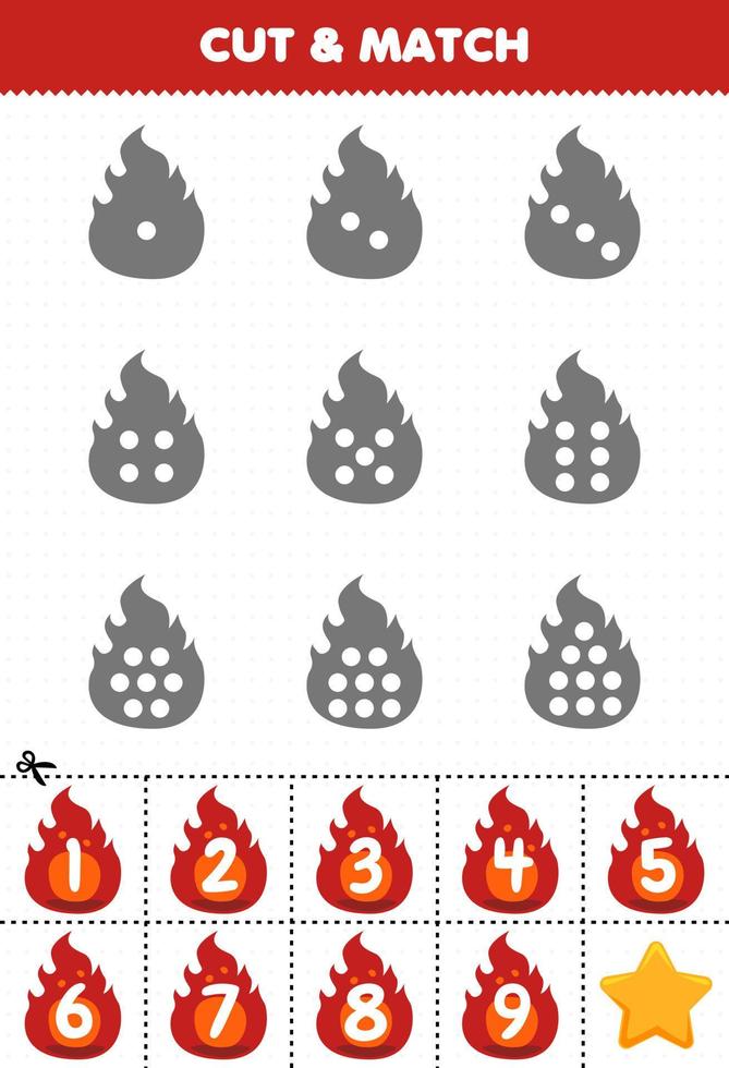 jogo educativo para crianças contar os pontos em cada silhueta e combiná-los com a planilha imprimível de fogo vermelho numerada correta vetor